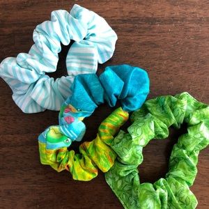 NWOT Handmade 100% Cotton 3 Scrunchies, reinforced elastic Teal, turquoise, aqua